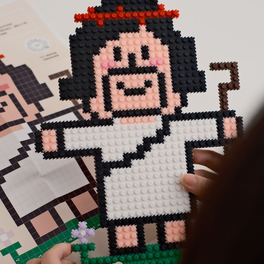 Micro building set of a joyful shepherd figure with a staff, crafted in pixel art style, inspiring hope and light while reflecting simple happiness and encouragement.