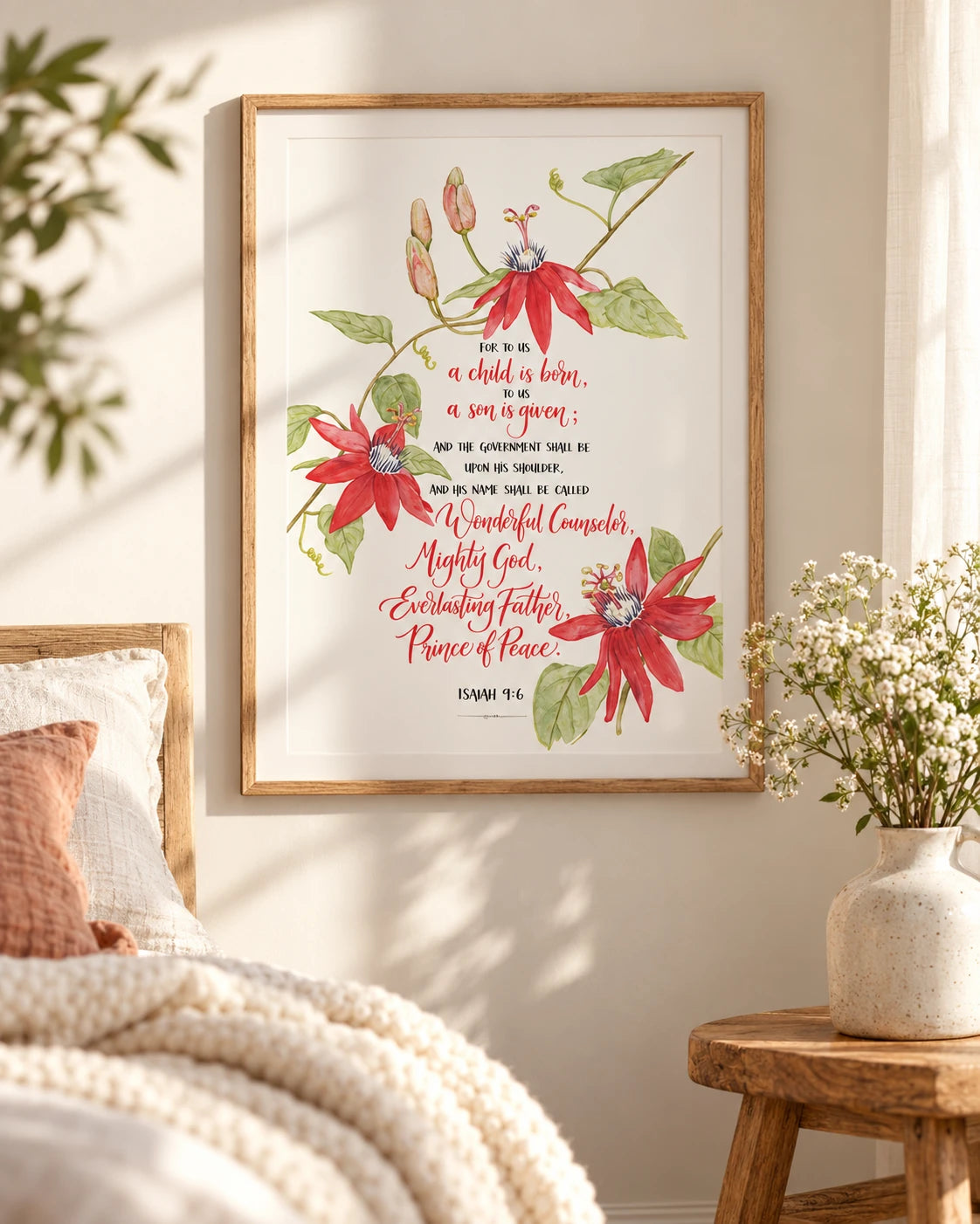 Mighty God Isaiah 9:6 floral poster framed on a sunlit bedroom wall
