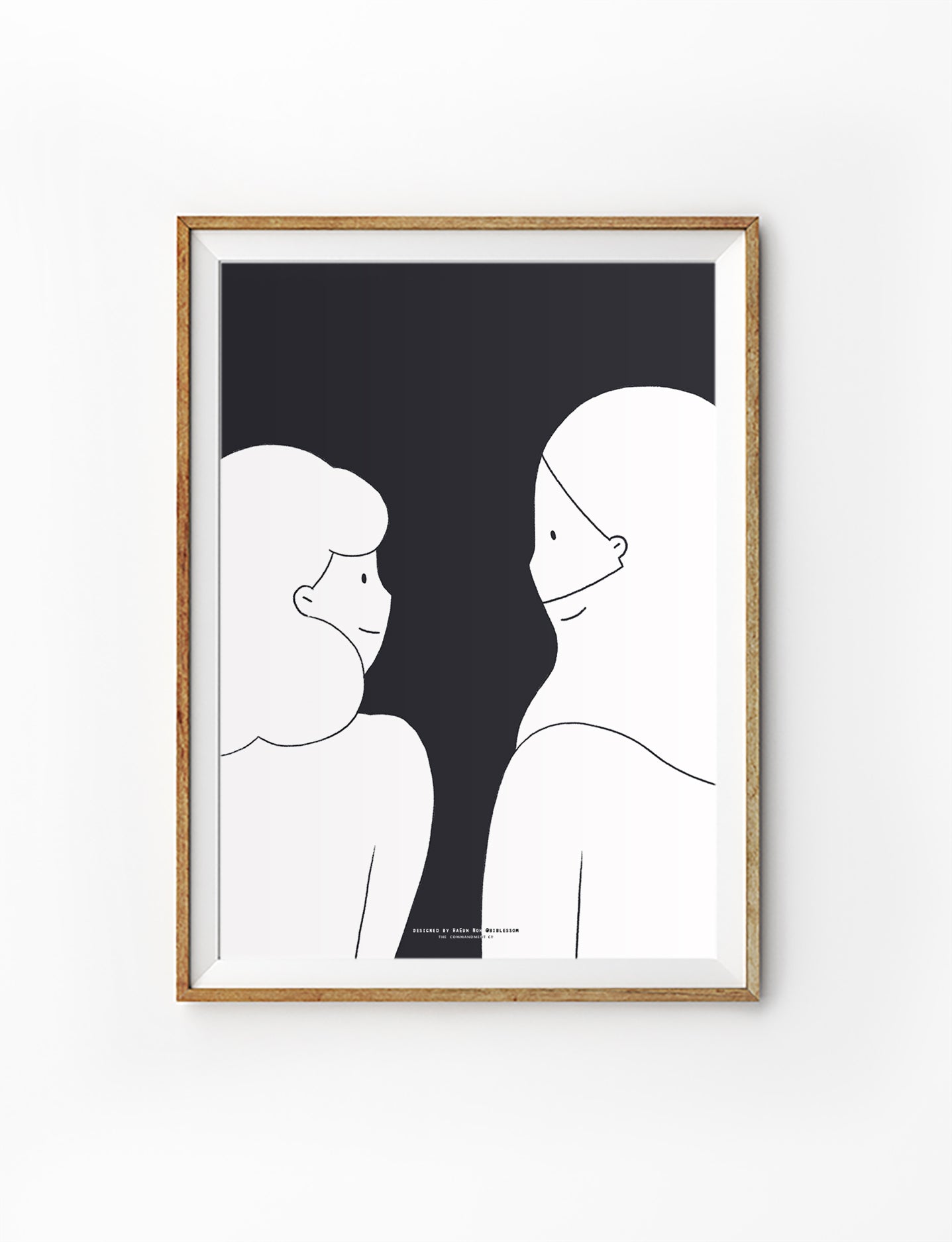 Minimalist Christian poster with two figures in black-and-white, symbolic wall art about faith and relationships.