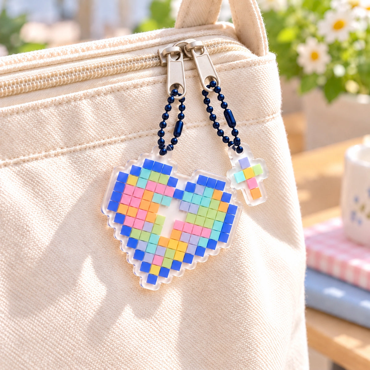 Mosaic Heart with Cross acrylic keychains on navy ball chains attached to a cream zip bag