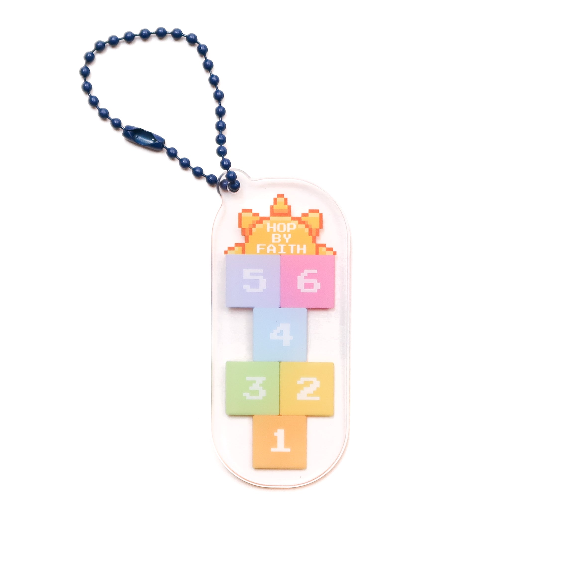 Pastel mosaic hopscotch acrylic keychain with "Hop by Faith" message, Christian inspirational gift by The Commandment Co