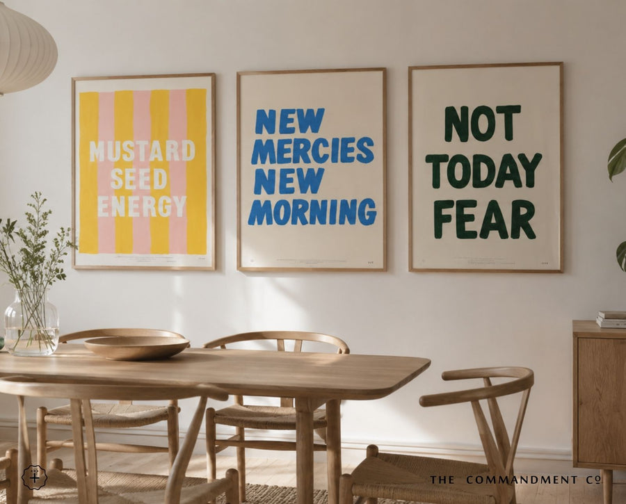 Mustard Seed Energy Christian poster displayed in a styled interior setting