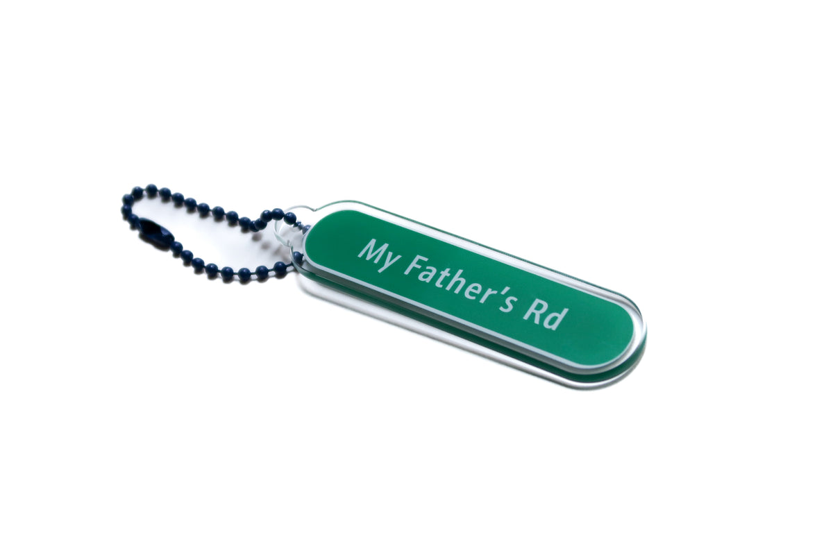 My Father’s Road green acrylic street-sign Christian keychain.