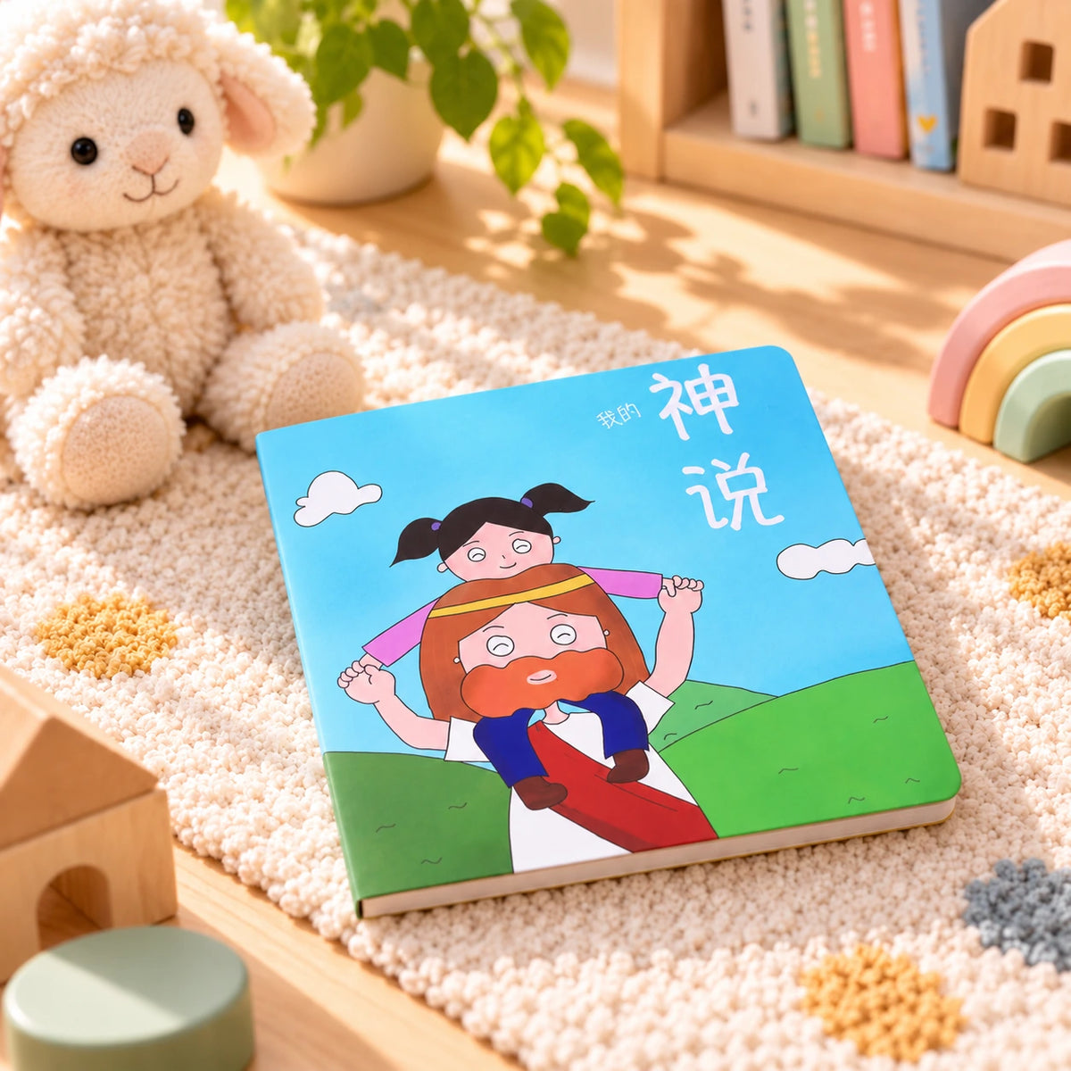 My God Says Chinese Christian children book styled in a cosy nursery reading setting.