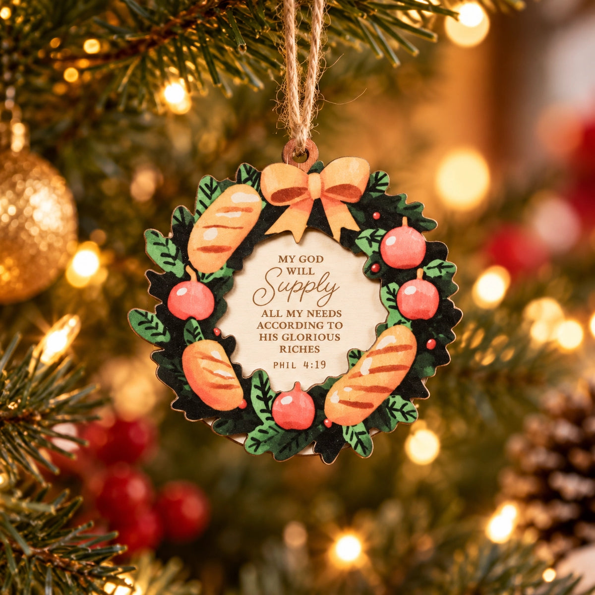 My God Will Supply Philippians 4:19 Christian Christmas tree bauble hanging among warm festive lights.
