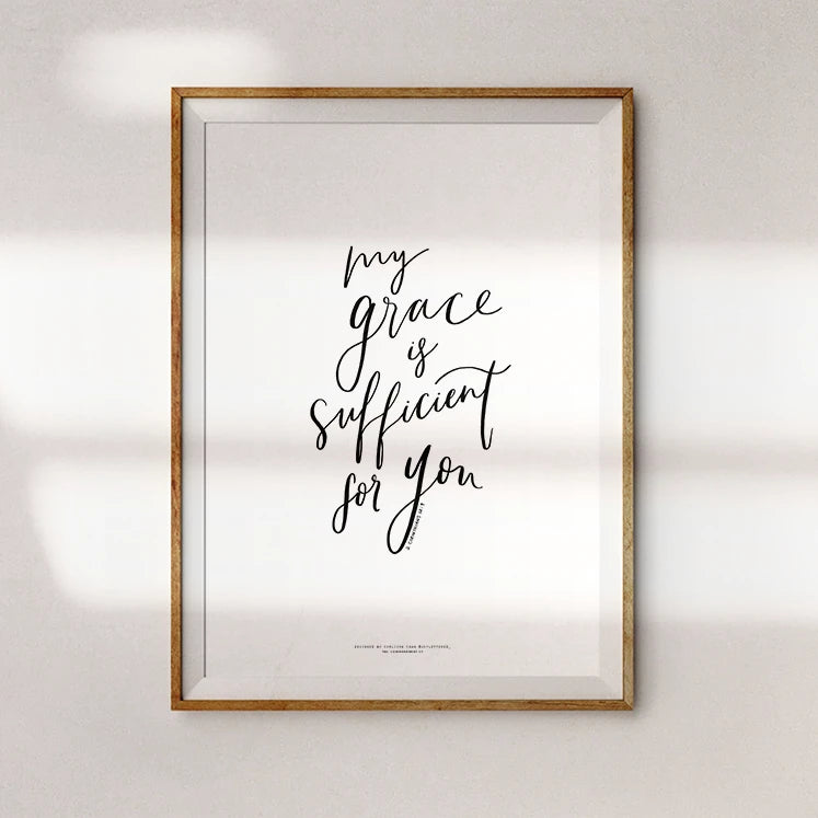 Christian-themed poster featuring the words 'My grace is sufficient for you' on a clean white background.