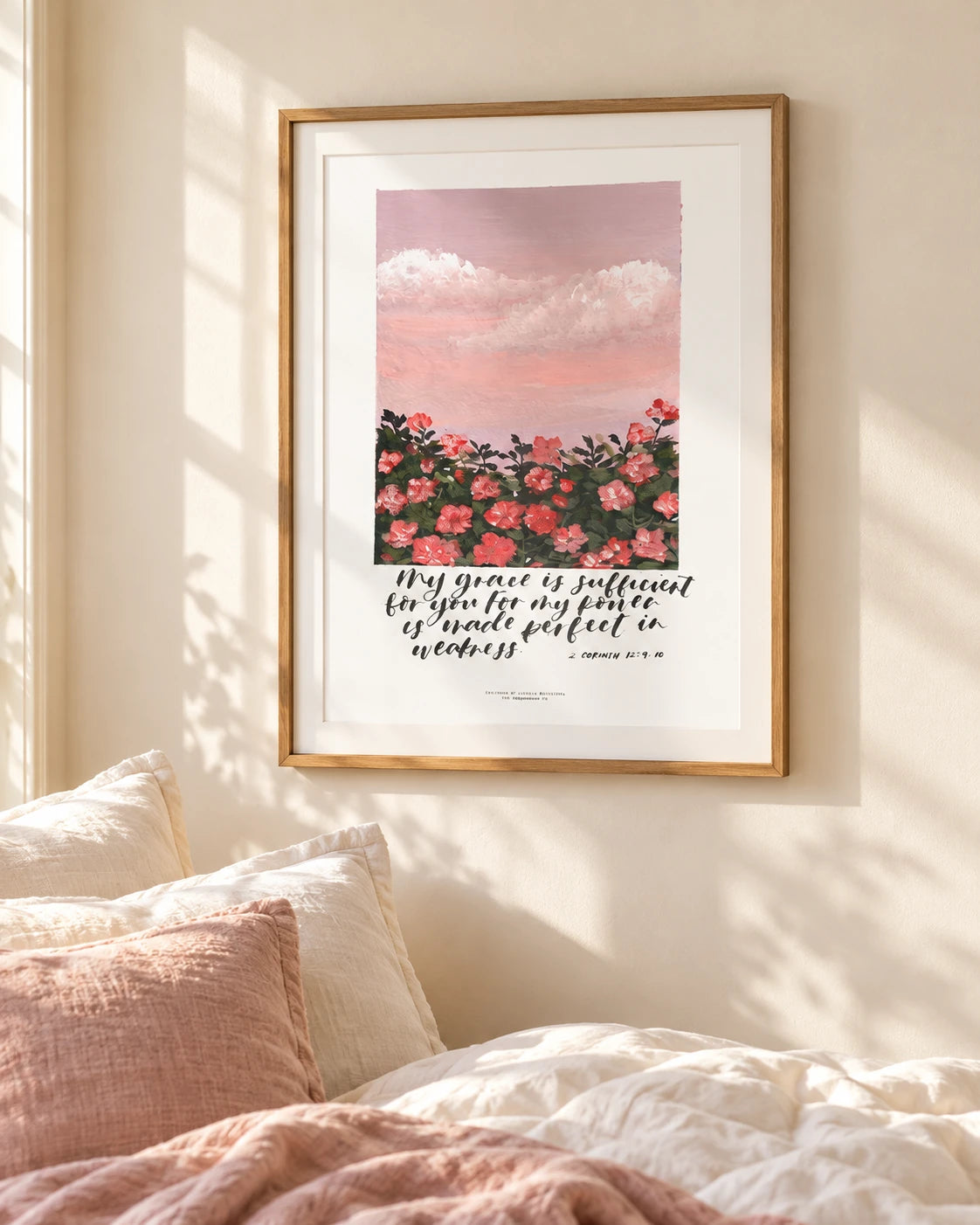 My Grace Is Sufficient for You floral Christian poster in light wooden frame above bed