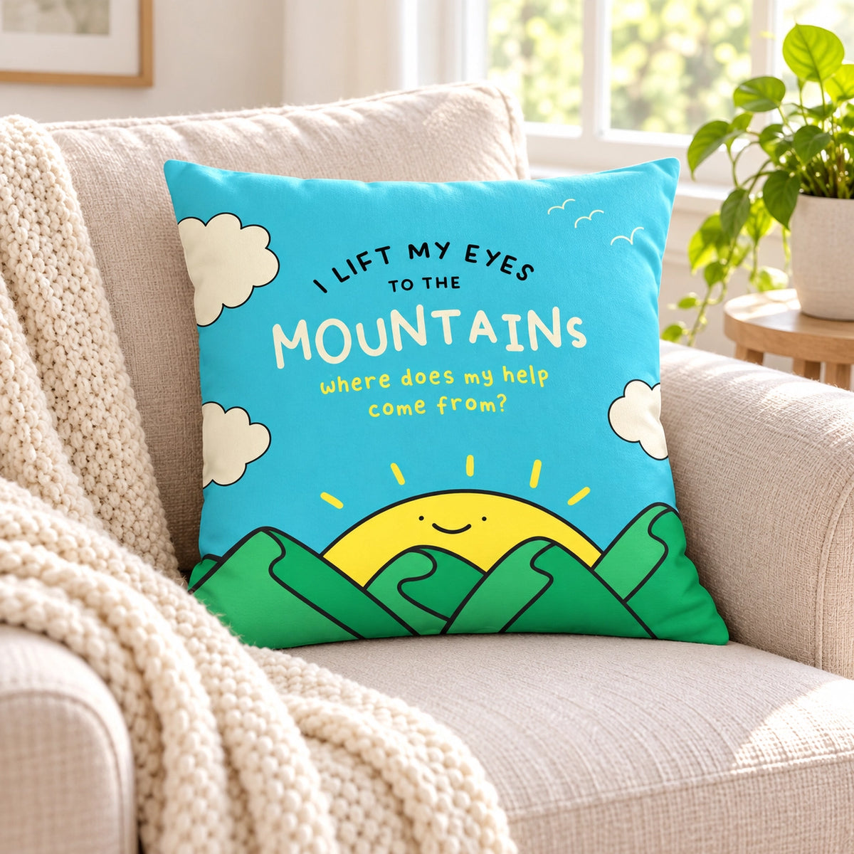 My Help Comes From the Lord Christian cushion cover styled on a neutral sofa in a bright home.
