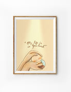 Christian wall art poster showing comforting hands holding a small child with the phrase “My life is in Your hand,” inspired by Psalm 31:15 (NLT). Gentle, faith-inspired illustration for encouragement and home decor.