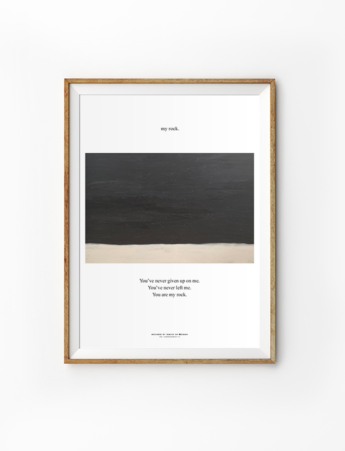 A strikingly framed artwork featuring a bold, dark landscape with a contrasting light horizon. At the top, the phrase "my rock." is prominently displayed, emphasizing strength and stability. Below, the heartfelt message reads, "You've never given up on me. You've never left me. You are my rock." This piece serves as a powerful reminder of God's unwavering support and faithfulness in our lives, encouraging us to lean on Him in every circumstance.
