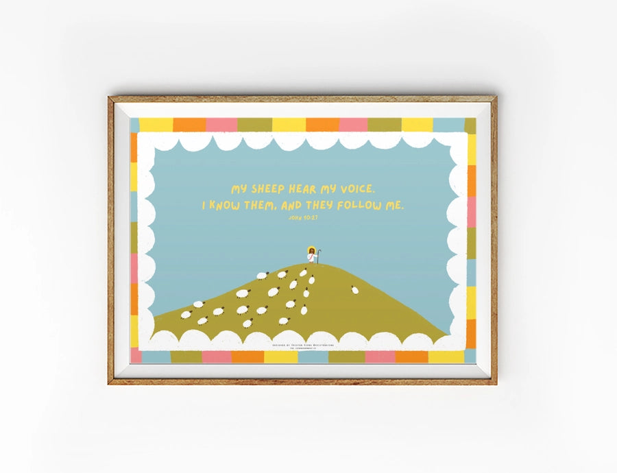 My Sheep Hear My Voice Christian poster by nartellac showing Jesus guiding sheep with John 10:27