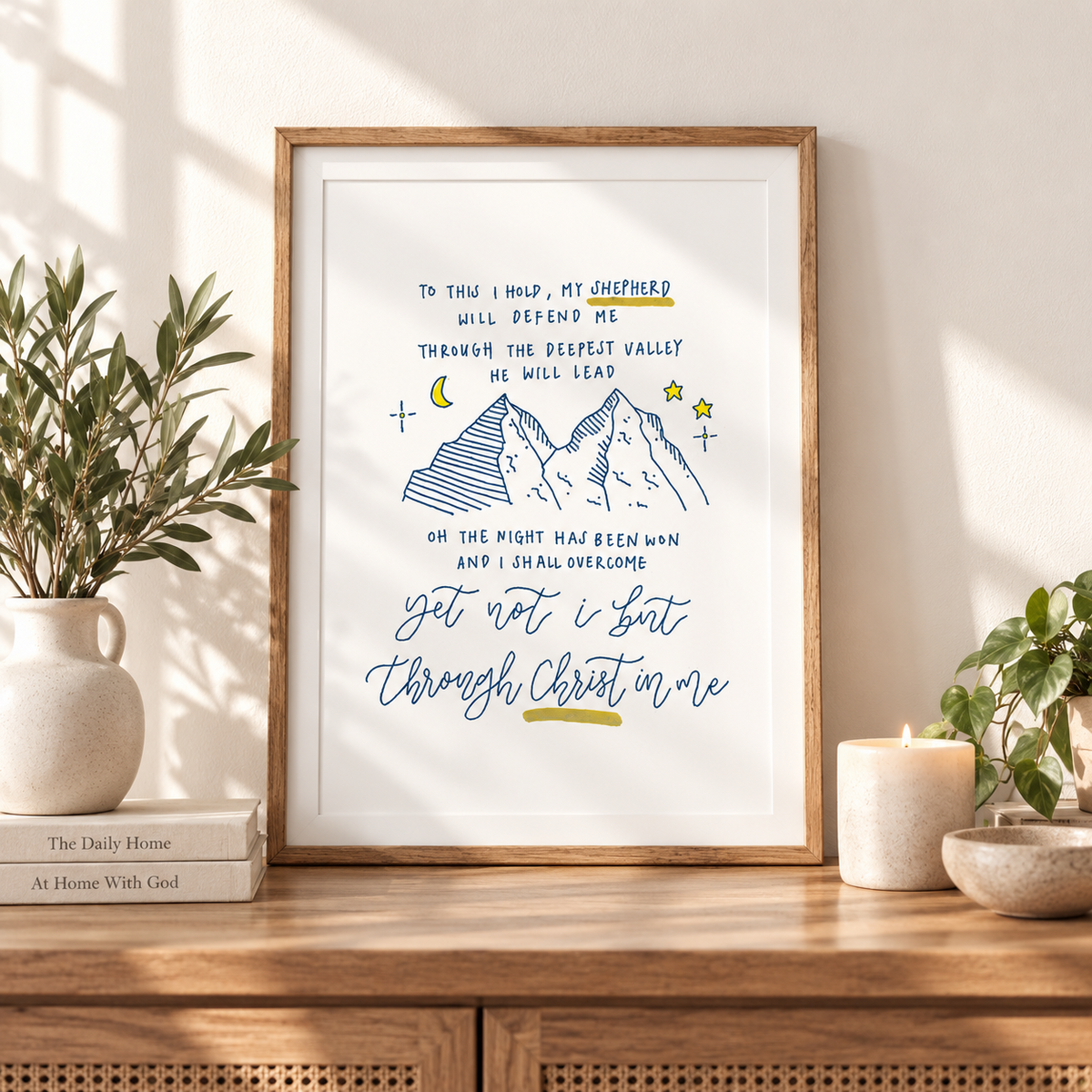 Yet Not I But Through Christ In Me Christian poster displayed in a warm home interior