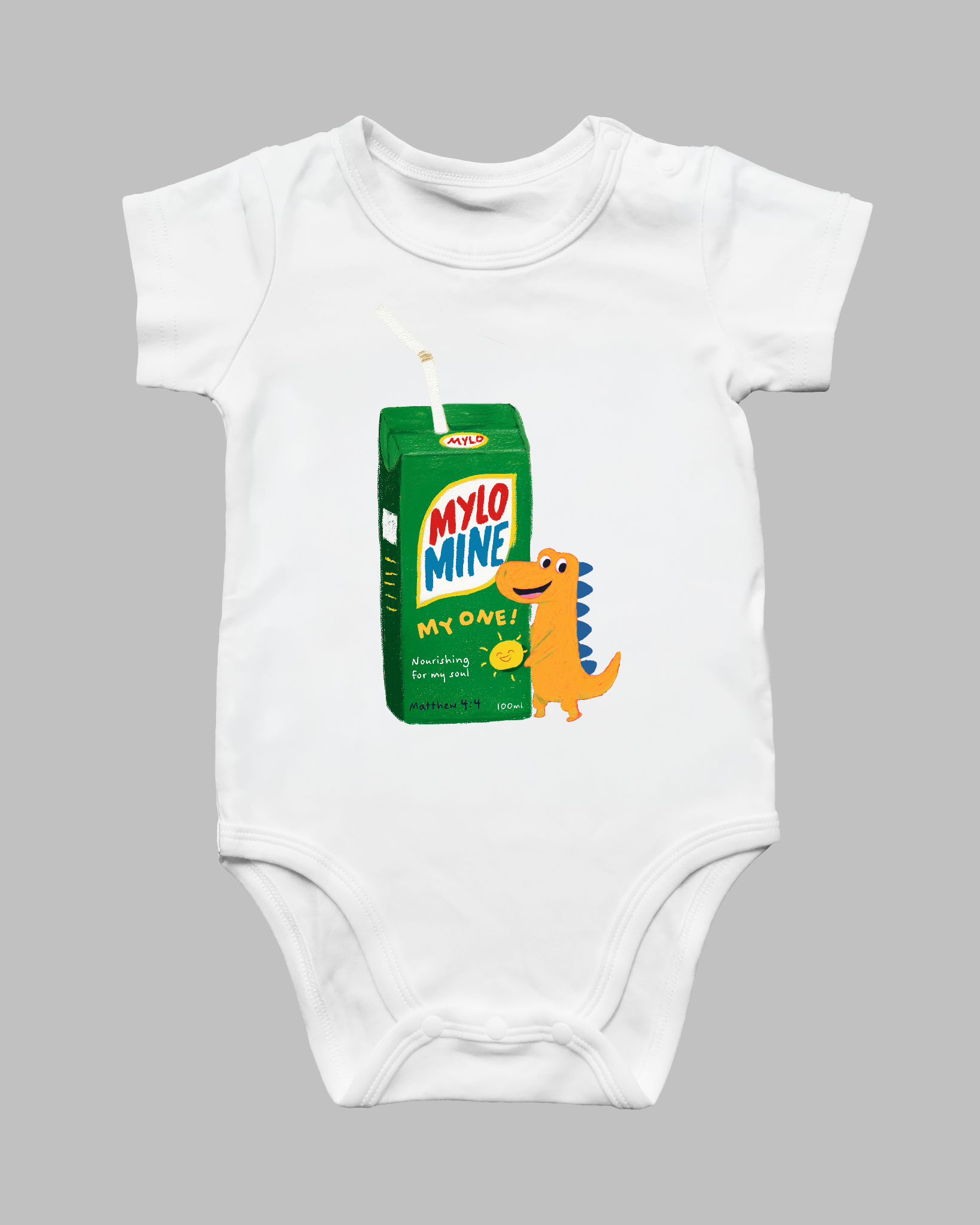 Mylo Mine dinosaur drink packet Christian baby romper with colourful cartoon design