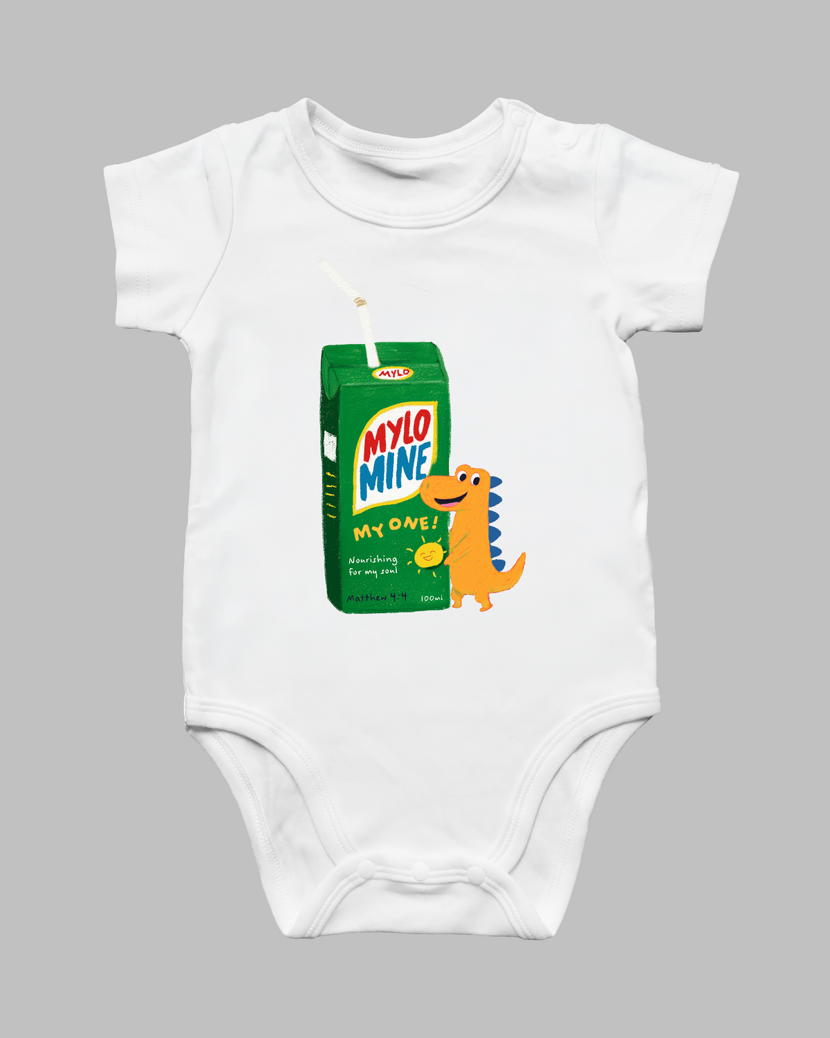 Mylo Mine dinosaur drink packet Christian baby romper with colourful cartoon design