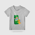Grey Mylo Mine dinosaur drink packet kids’ T-shirt on a grey background