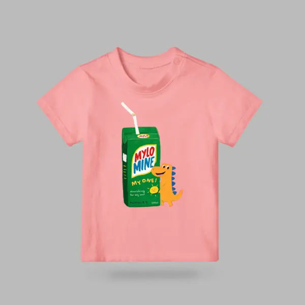 Pink Mylo Mine dinosaur drink packet kids’ T-shirt on a grey background