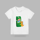 White Mylo Mine dinosaur drink packet kids’ T-shirt on a grey background