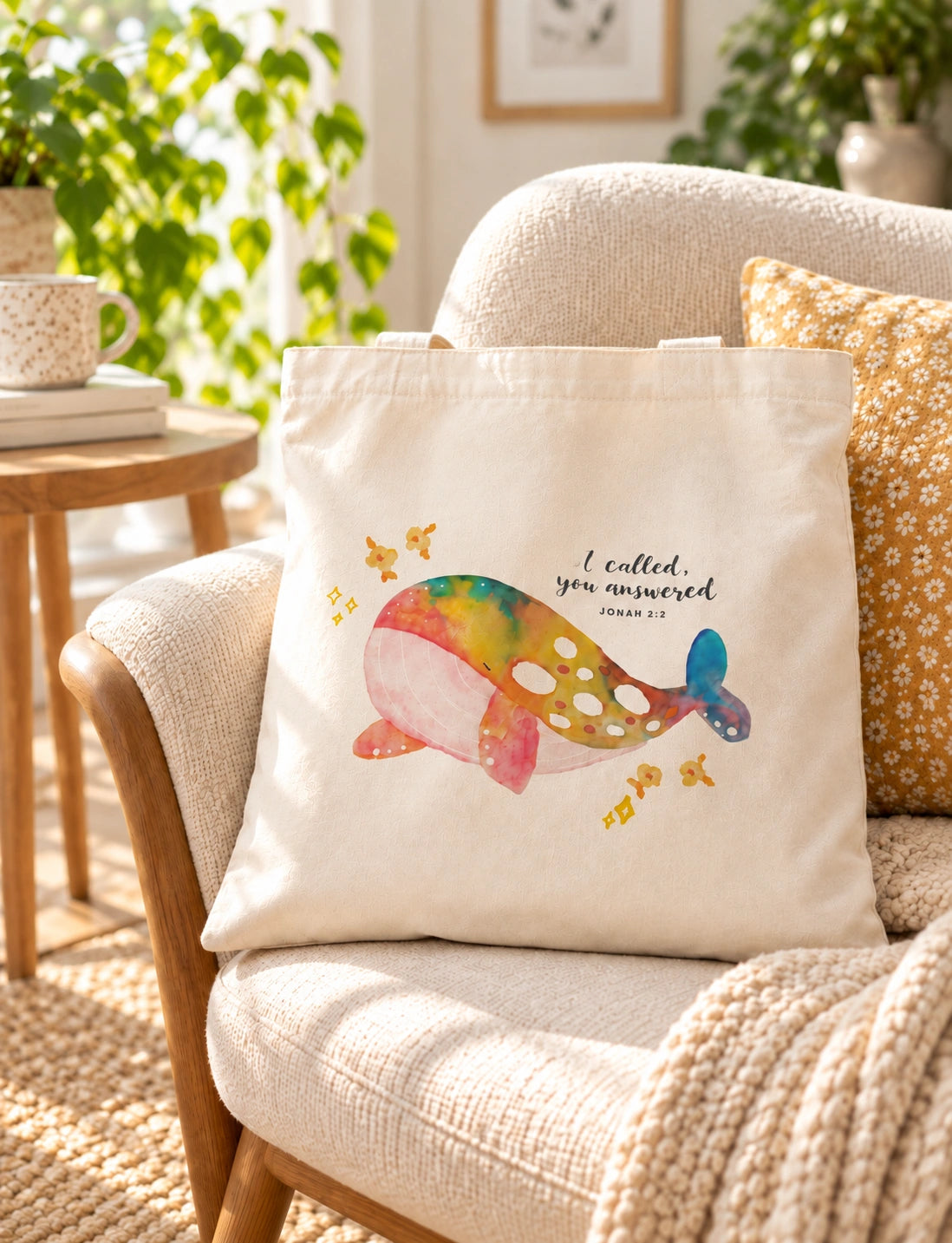 Nahum tote bag with colourful whale design styled on a cream armchair in a sunlit room