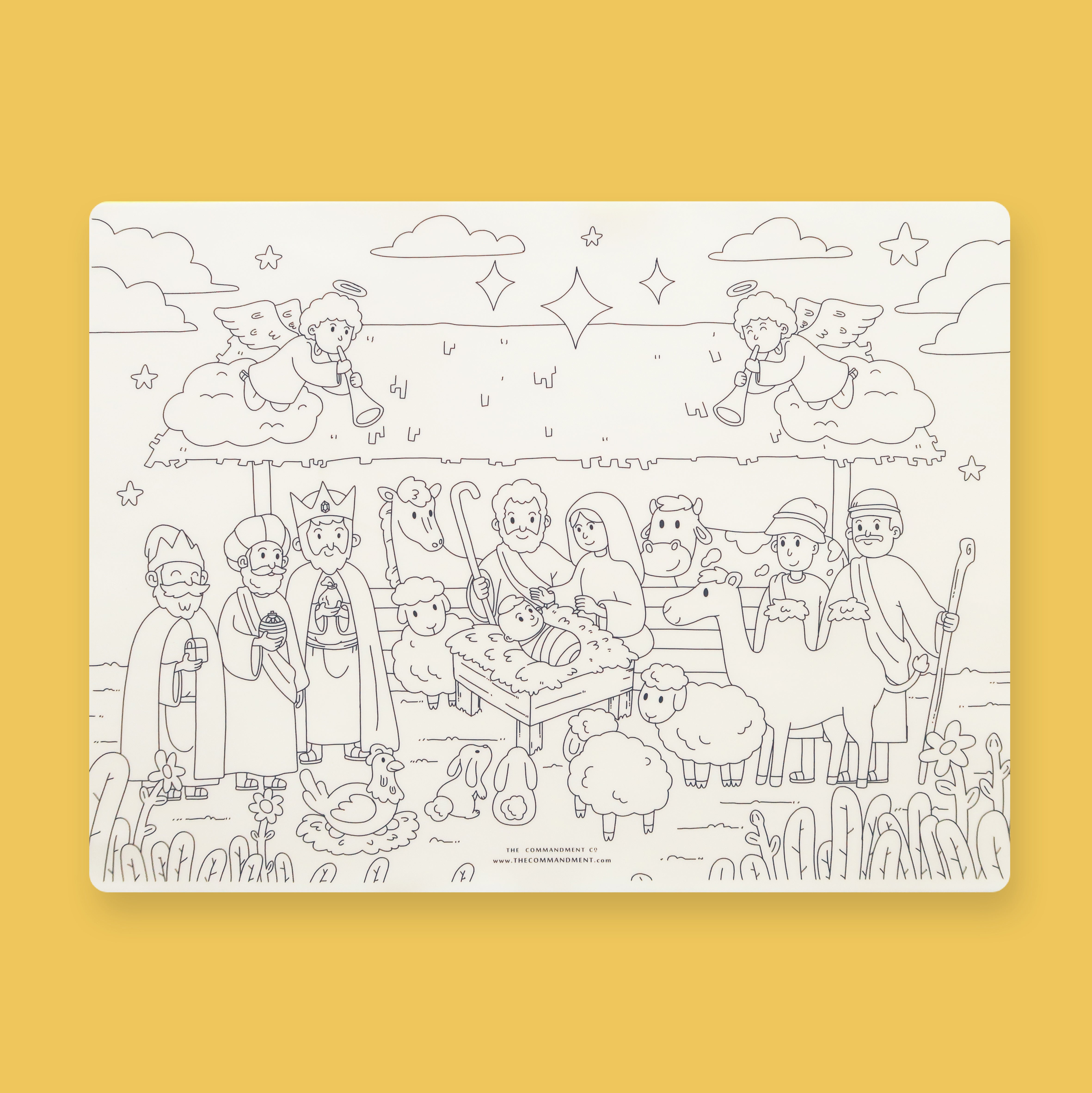 Nativity of Jesus reusable silicone colouring mat for children with Bible-themed design.