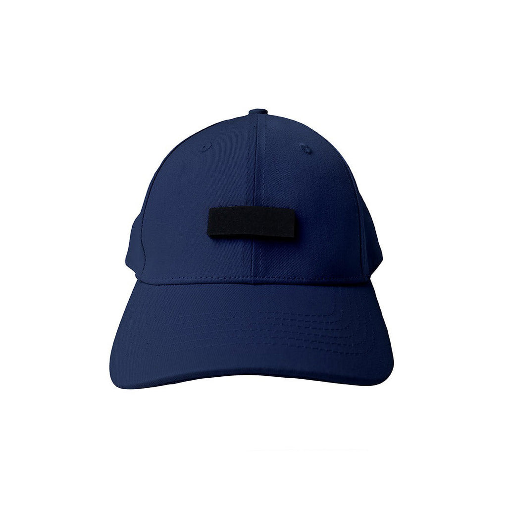 A navy blue cap featuring a customizable black velcro patch, offering a versatile and modern street-style accessory for personal or faith-inspired designs.