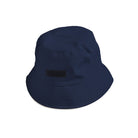 A navy bucket hat featuring a blank black velcro patch, designed for customizable and versatile streetwear fashion with a modern casual style.