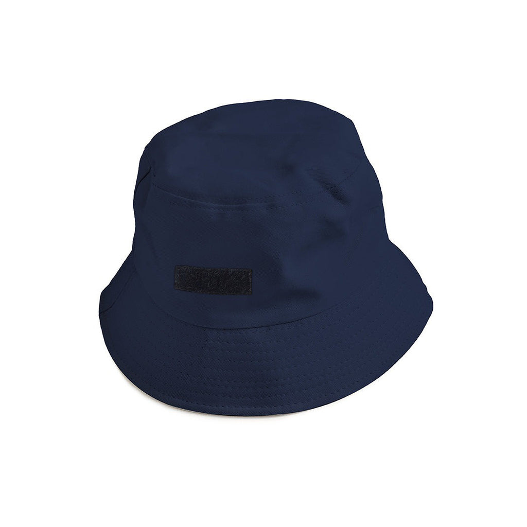 A navy bucket hat featuring a blank black velcro patch, designed for customizable and versatile streetwear fashion with a modern casual style.