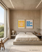 New Mercies New Morning Christian poster displayed with Mustard Seed Energy above a warm minimalist bedroom
