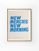 New Mercies New Morning Christian poster with blue hand-lettered text inspired by Lamentations 3:22–23