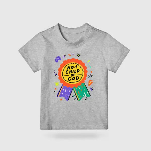 Grey kids T-shirt with colourful No.1 Child of God badge design