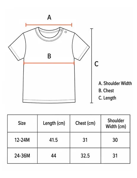 Kids T-shirt size chart for 12–24M and 24–36M