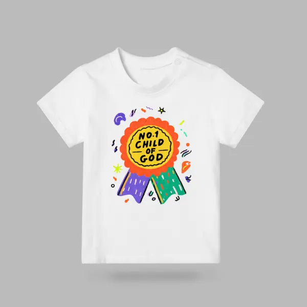 White kids T-shirt with colourful No.1 Child of God badge design