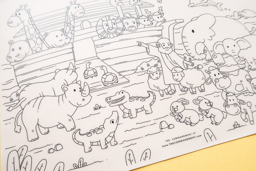 Reusable Noah's Ark Christian colouring mat for children's creative and mealtime activities.
