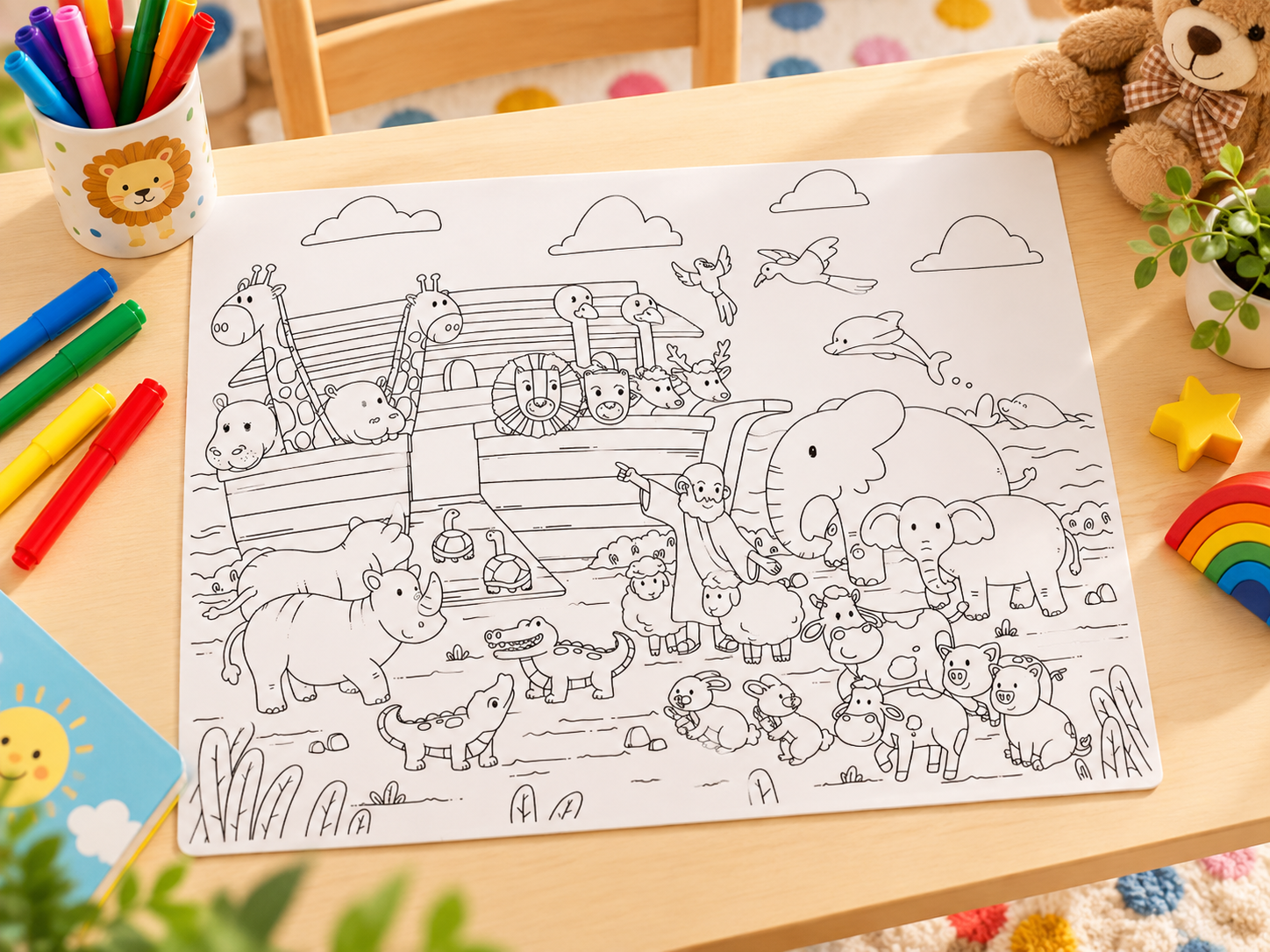 Noah's Ark reusable Christian colouring mat styled on a children's activity table with colourful markers.