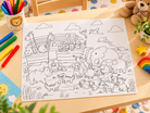 Noah's Ark reusable Christian colouring mat styled on a children's activity table with colourful markers.