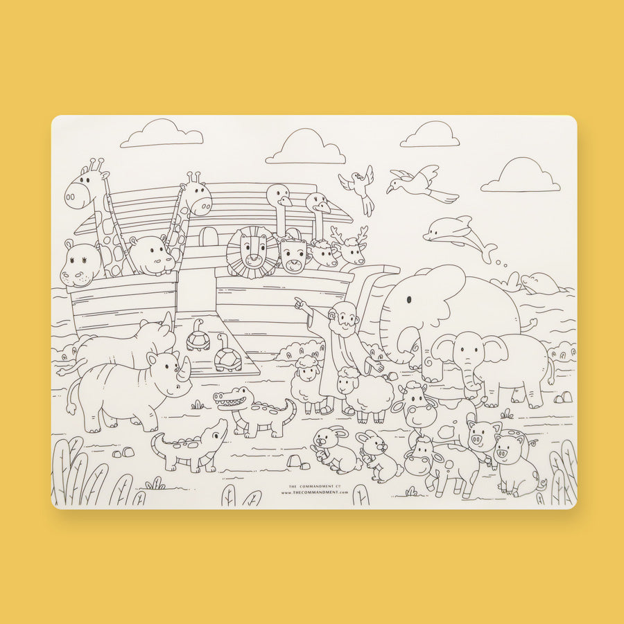 Noah's Ark reusable silicone colouring mat with Bible-inspired children's design.