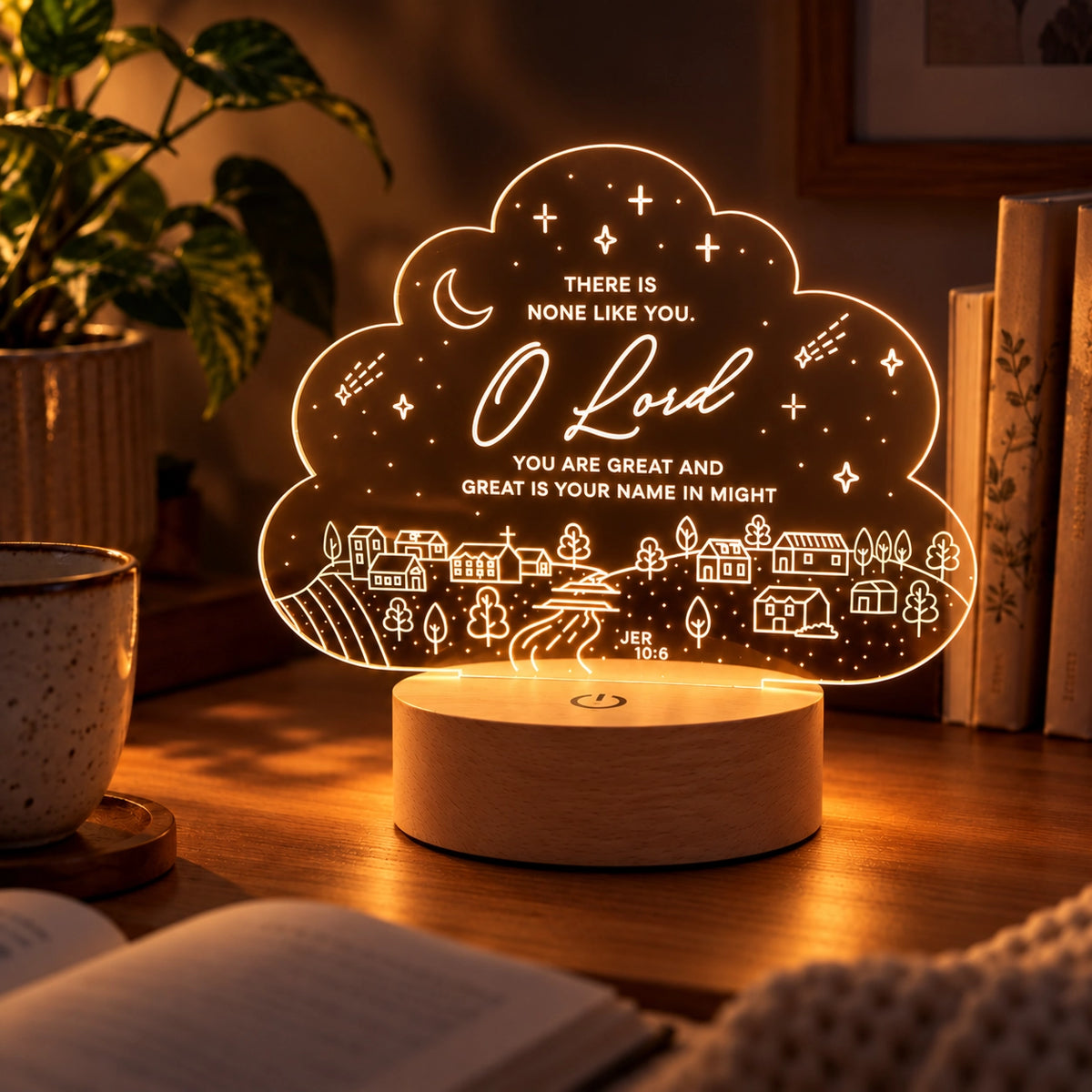 O Lord You Are Great Christian night light glowing warmly in a cosy bedside setting.