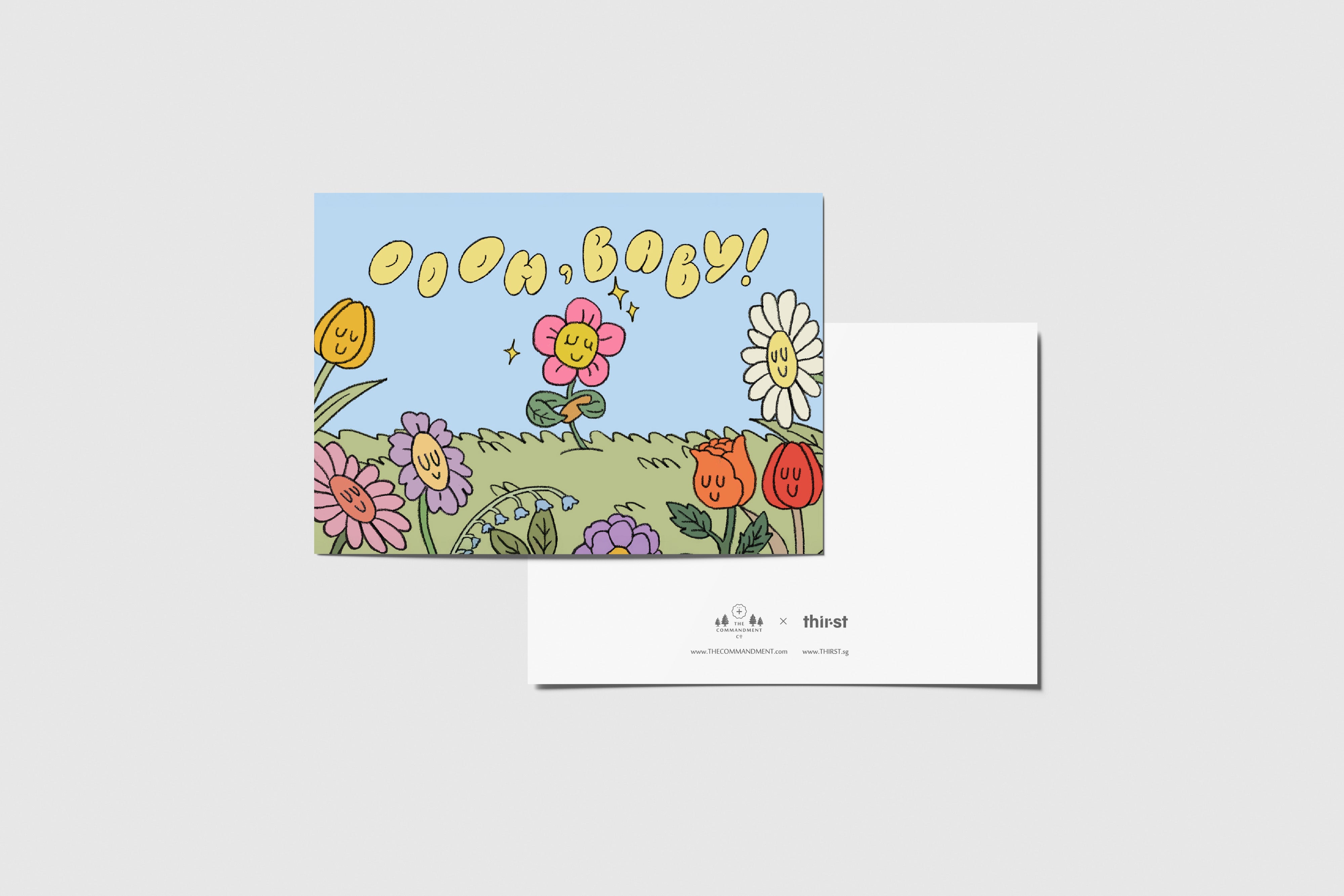 Oooh, Baby! greeting card with colourful hand-drawn flowers, created in collaboration with Thir.st and The Commandment Co.