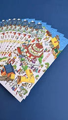 Set of lavender Parables of Jesus ang pao packets fanned out on a blue background