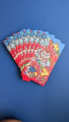 Parables of Jesus red and lavender ang pao packets fanned out on a blue background