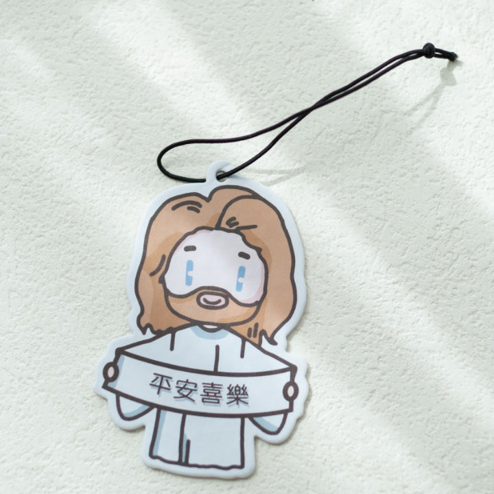 Inspirational car freshener with 'Peace and Joy' text and Jesus design