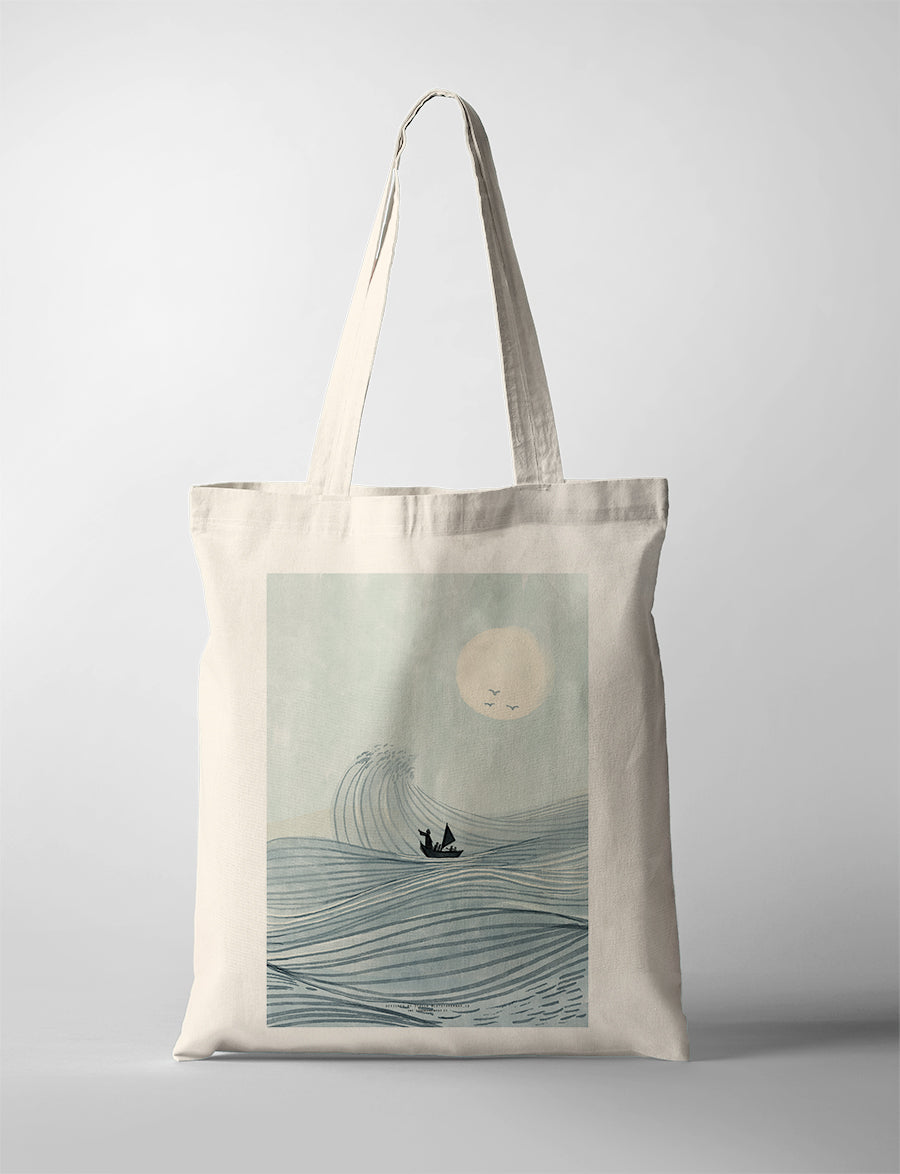 Christian canvas tote bag featuring the “Peace Be Still” artwork of a small boat sailing through waves under the moon, faith-inspired illustration collaboration with letstakeanap_id.