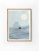 Christian wall art poster titled “Peace Be Still” featuring a small boat sailing through large waves under the moon, faith-inspired illustration, collaboration with letstakeanap_id.
