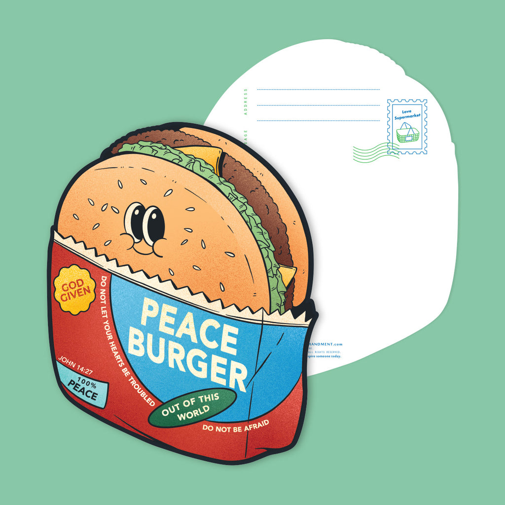 Christian postcard featuring a Peace Burger design with the message 'God Given - Do Not Let Your Hearts Be Troubled' from Love Supermarket, inspiring faith and peace.