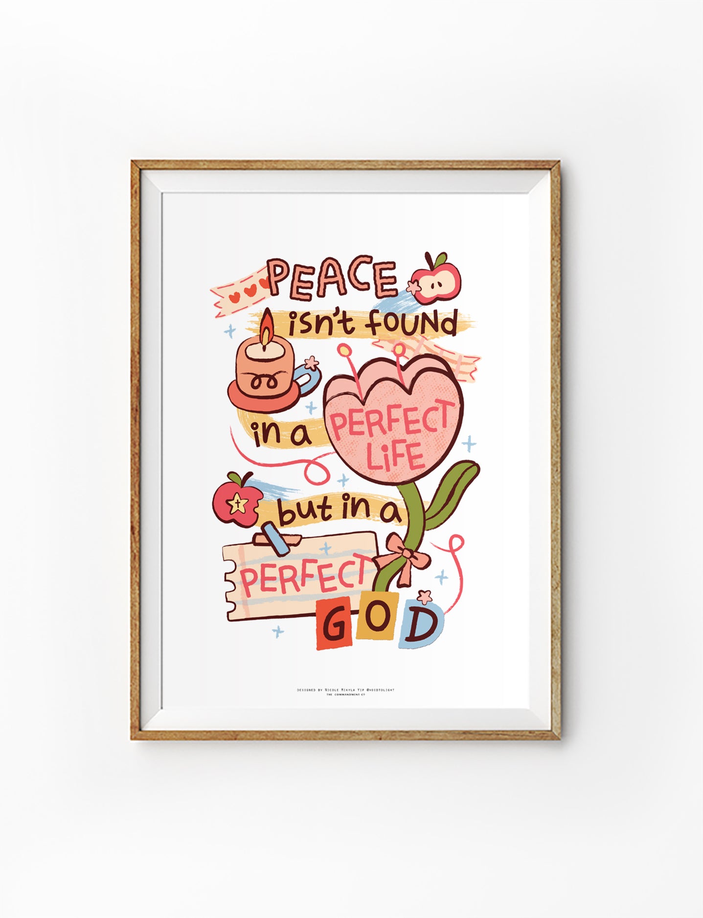 Christian poster featuring “Peace isn’t found in a perfect life but in a perfect God” with colourful hand-lettered artwork