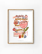 Christian poster featuring “Peace isn’t found in a perfect life but in a perfect God” with colourful hand-lettered artwork