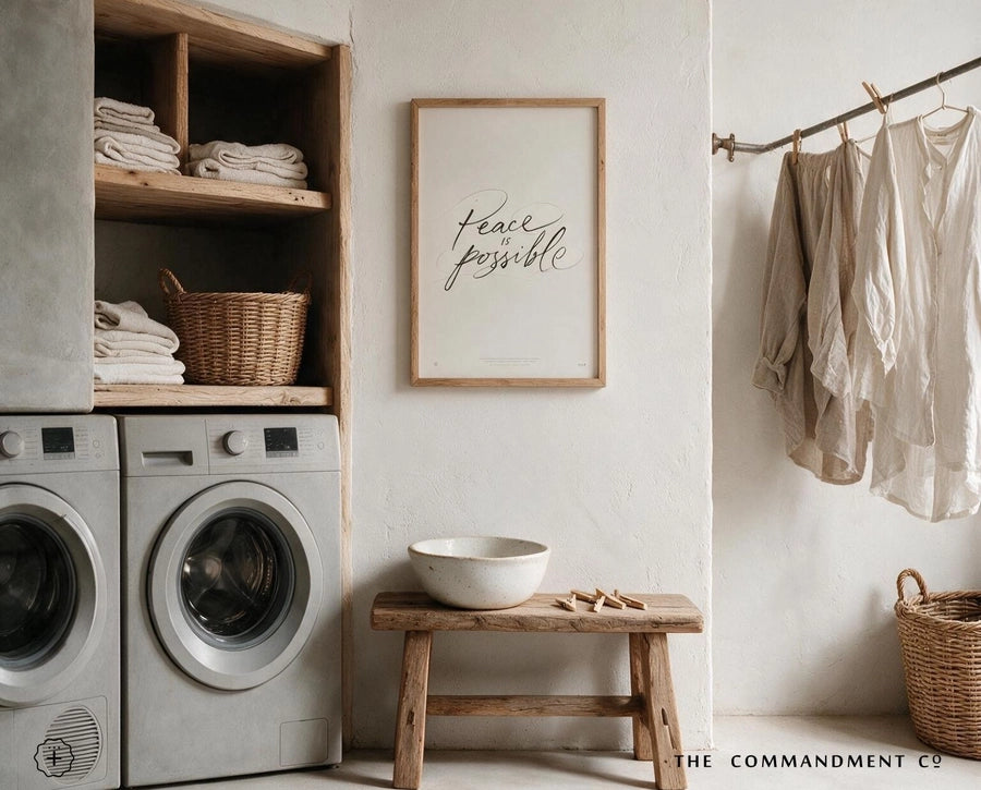 Peace Is Possible Christian poster displayed in a neutral laundry room with natural wood and linen details