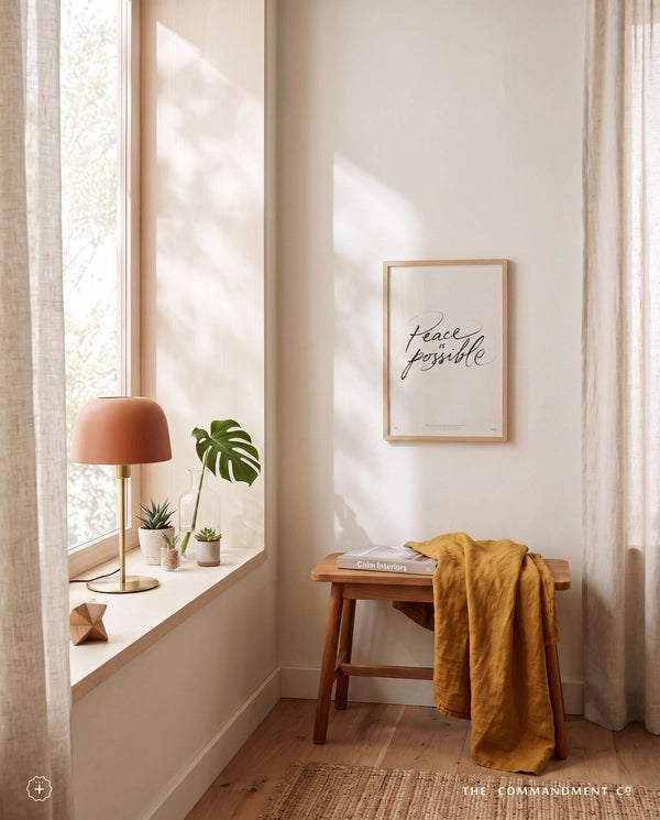 Peace Is Possible Christian poster displayed in a warm sunlit reading corner with plants and a wooden bench