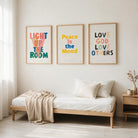 Peace Is the Mood Christian poster styled between two separately sold faith posters in a neutral bedroom
