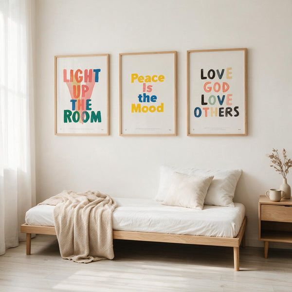 Peace Is the Mood Christian poster styled between two separately sold faith posters in a neutral bedroom