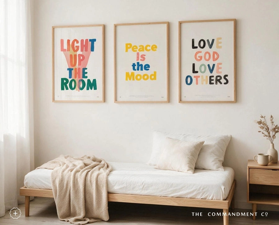 Peace Is the Mood Christian poster displayed in a bedroom gallery wall with two other colourful faith posters